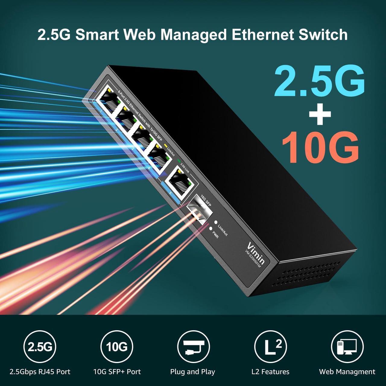 Alt view image 3 of 5 - 5 Port 2.5G Base-T Smart Web Ethernet Switch Managed with 10Gbps SFP Port, Compatible with 100/1000/2500Mbps Network, VIMIN 6-Port 2.5 Gigabit Managed Network Switch for 2.5G NAS, PC, Wireless AP