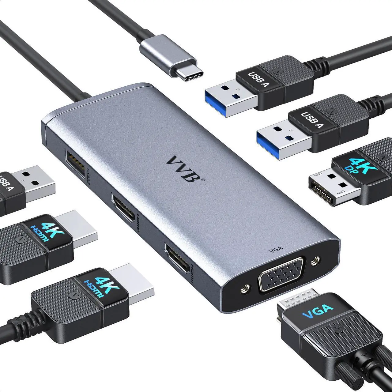 Main image of USB C to Dual HDMI Adapter,USB C Docking Station Dual Monitor Adapter for Dell/HP/Lenovo Laptop,iPhone 15,USB C Hub Dongle Multi Monitors Adapter with 2 HDMI Ports+Displayport DP Port+VGA+3 USB