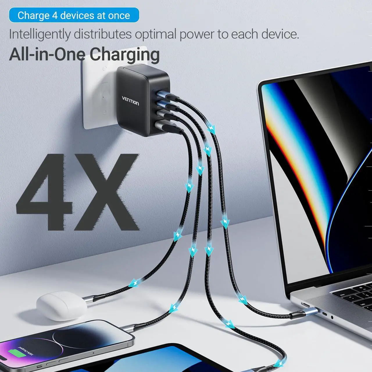 Alt view image 3 of 5 - MacBook Pro Charger 140W, VENTION MacBook USB C Charger 4-Ports Foldable GaN+ Charger Compatible with MacBook Pro 16''/14''/13'', MacBook Air 15'',iPhone 15/14/Pro max,Chromebook (with 240w Cable)