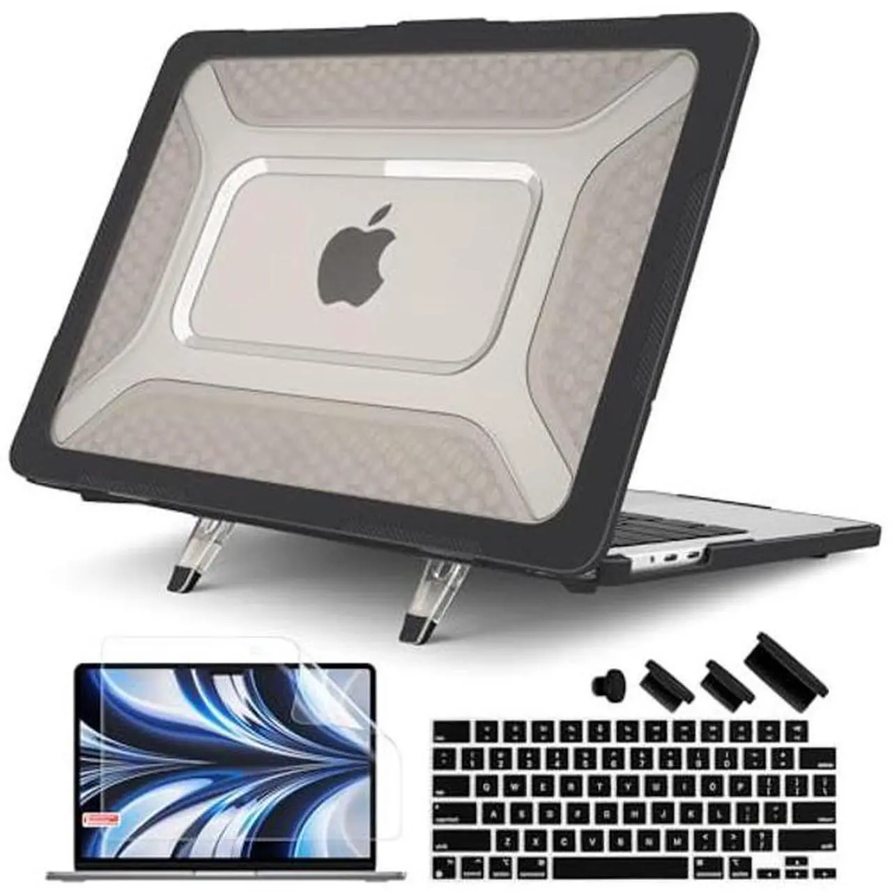 Main image of Batianda Case for New MacBook Air 13.6 inch 2025 M4 Chip 2024 2022 Release A3240 A3113 A2681 Model,Honeycomb Heavy Duty Protective Hard Shell with TPU Bumper Fold Kickstand & Keyboard Cover, Black