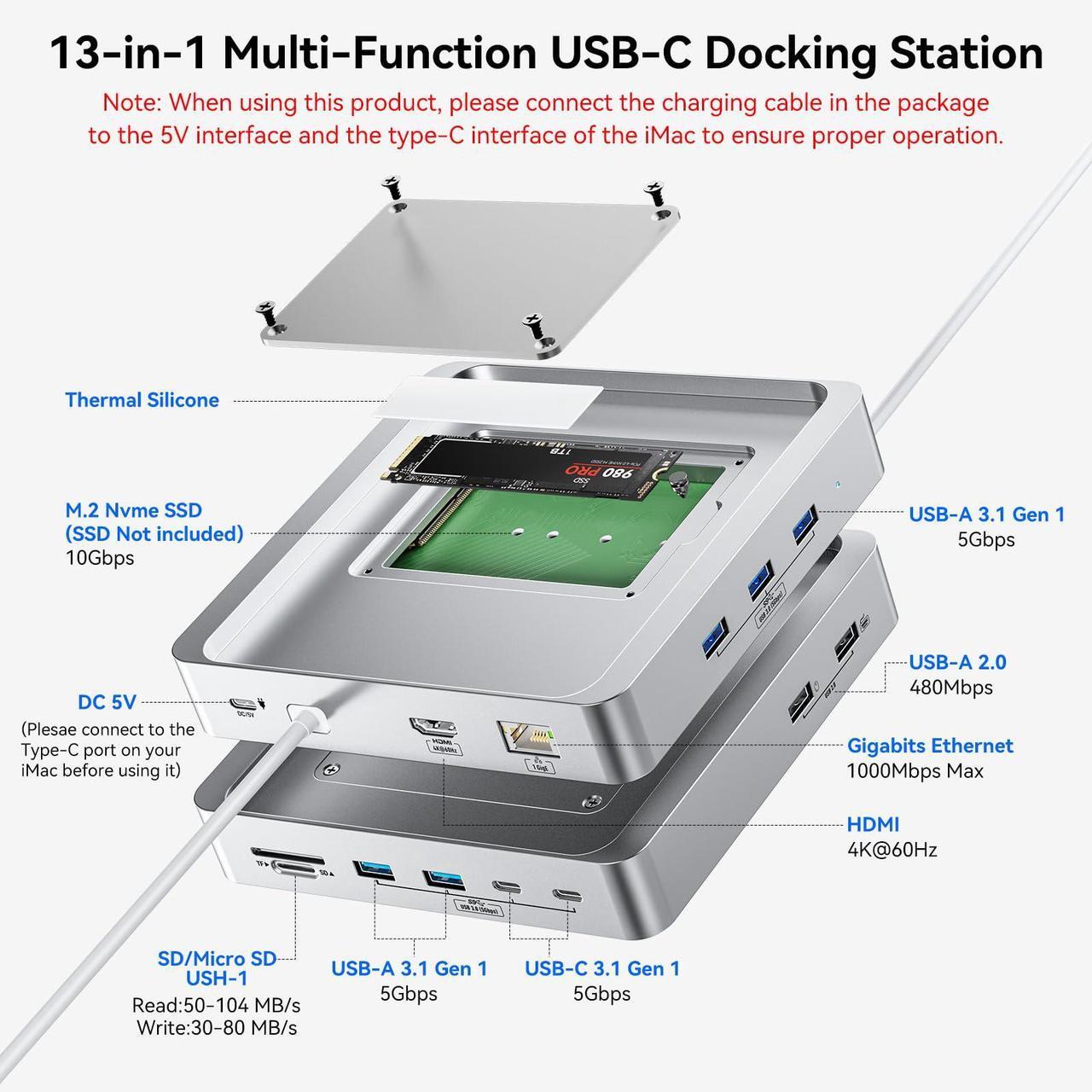 Alt view image 2 of 5 - 13-Port USB C Hub for iMac 24 inch 2021/2023/2024, iMac Accessories for iMac M1/M3/M4, iMac USB Hub with 5 USB-A & 2 USB-C 3.0 Ports, 4K@60Hz HDMI, 1Gbps Ethernet, SD/TF, M.2 NVME SSD (Not Included)