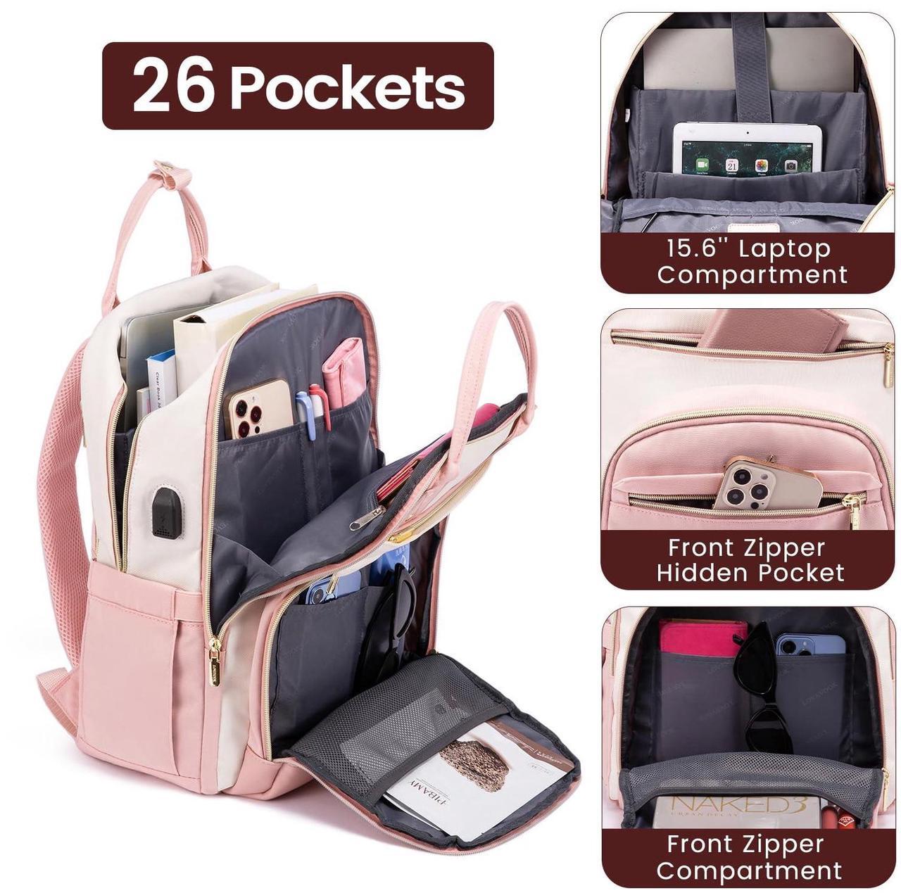 Alt view image 3 of 5 - LOVEVOOK Backpack for Women,Laptop Backpack Women,Fits 17 Inch Laptop Bag,School Backpacks,Fashion Travel Work Anti-theft Bag,Waterproof Business Computer College Backpack Purse,Beige-Pink-Pink