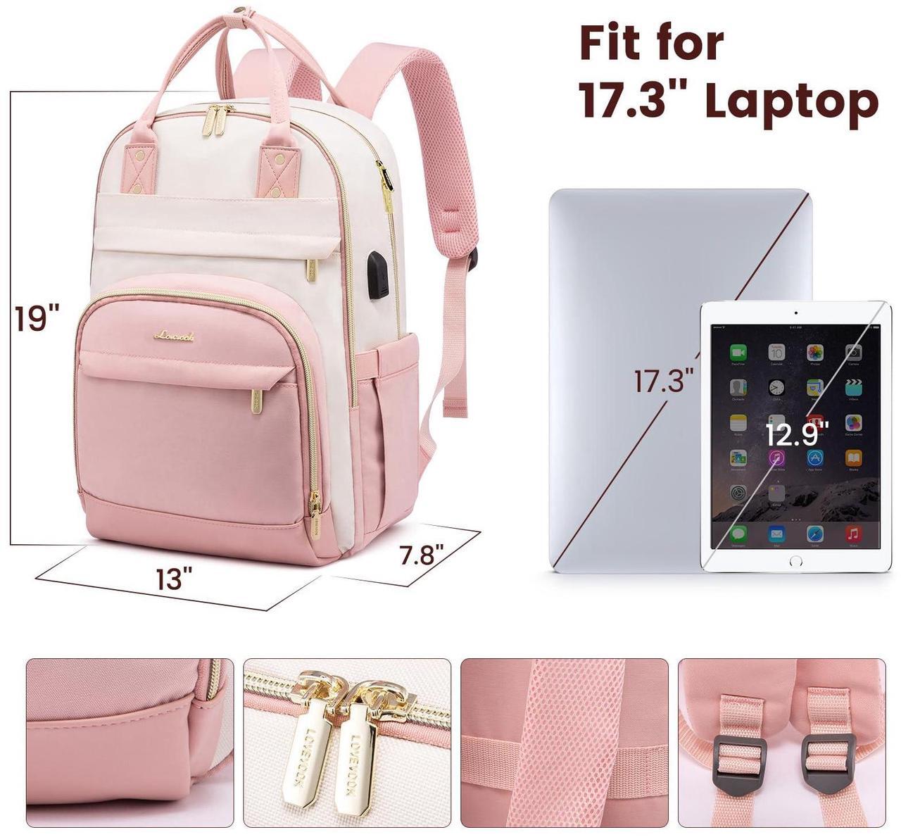 Alt view image 4 of 5 - LOVEVOOK Backpack for Women,Laptop Backpack Women,Fits 17 Inch Laptop Bag,School Backpacks,Fashion Travel Work Anti-theft Bag,Waterproof Business Computer College Backpack Purse,Beige-Pink-Pink