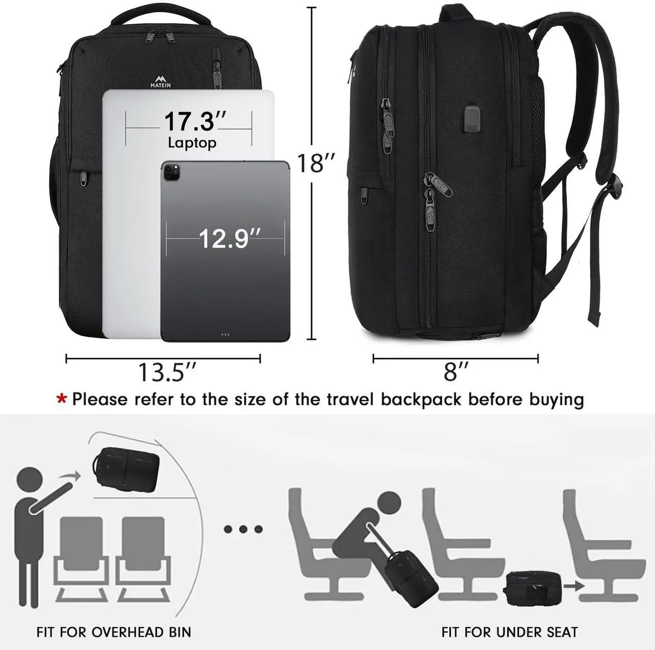 Alt view image 5 of 5 - MATEIN Carry on Backpack, Extra Large 40L Flight Approved Travel Laptop Backpack with USB Port, 17 Inch Water Resistant Luggage Computer Daypack College Overnight Weekender Bag for Men & Women, Black