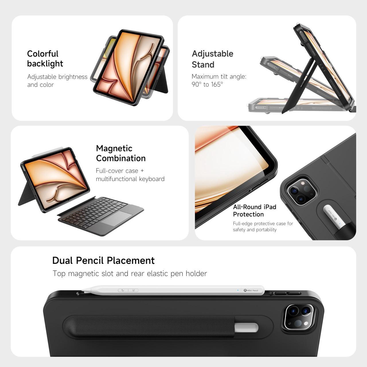 Alt view image 2 of 5 - HOU Rotatable Keyboard Case for iPad Air 11 (M3/M2 2025), Magnetic Detachable Case with Keyboard for iPad Pro 11 (4th/3rd/2nd/1st Gen) and iPad Air (6th/5th/4th Gen) with Touchpad, Backlight - Black