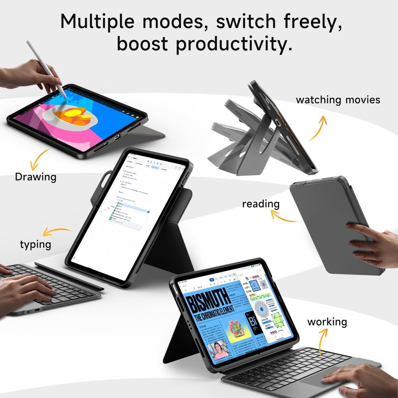 Alt view image 4 of 5 - HOU Rotatable Keyboard Case for iPad Air 11 (M3/M2 2025), Magnetic Detachable Case with Keyboard for iPad Pro 11 (4th/3rd/2nd/1st Gen) and iPad Air (6th/5th/4th Gen) with Touchpad, Backlight - Black