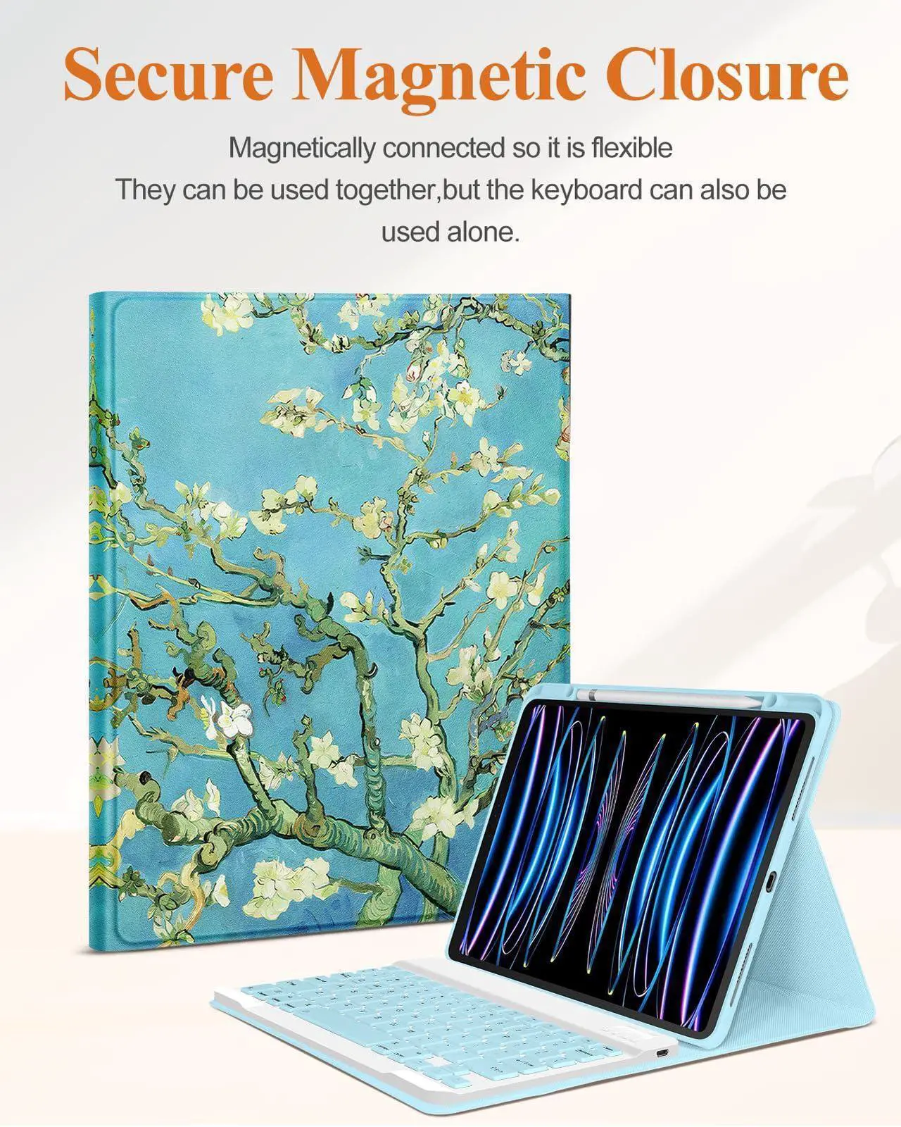 Alt view image 4 of 5 - Wazzasoft for iPad Air 13 inch Case 2024 M2, for iPad Pro 12.9'' Case with Keyboard Pencil Holder Folio Tablet Cover Women Girls Cute Sun and Moon for Apple Air 11, Pro 12.9