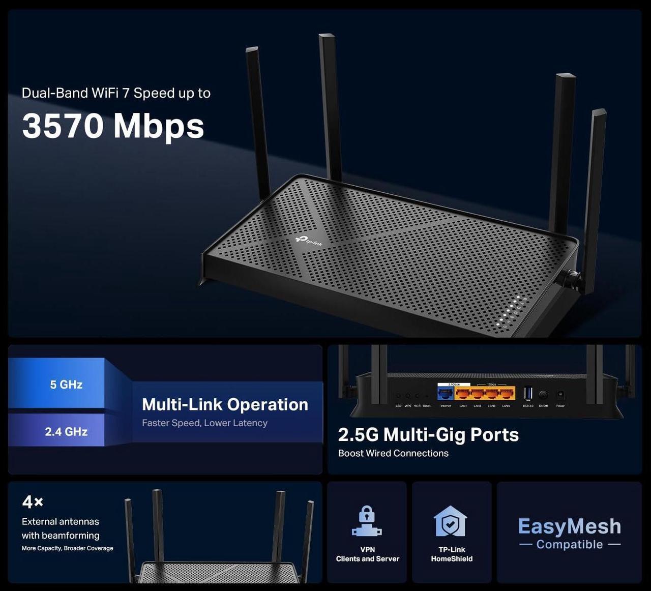 Alt view image 2 of 5 - TP-Link Dual-Band BE3600 Wi-Fi 7 Router Archer BE230 | 4-Stream 3.6 Gbps | 2x2.5G + 3x1G Ports, USB 3.0, 2.0 GHz Quad Core, 4 Antennas | VPN Clients & Server | EasyMesh, HomeShield, MLO, Private IOT