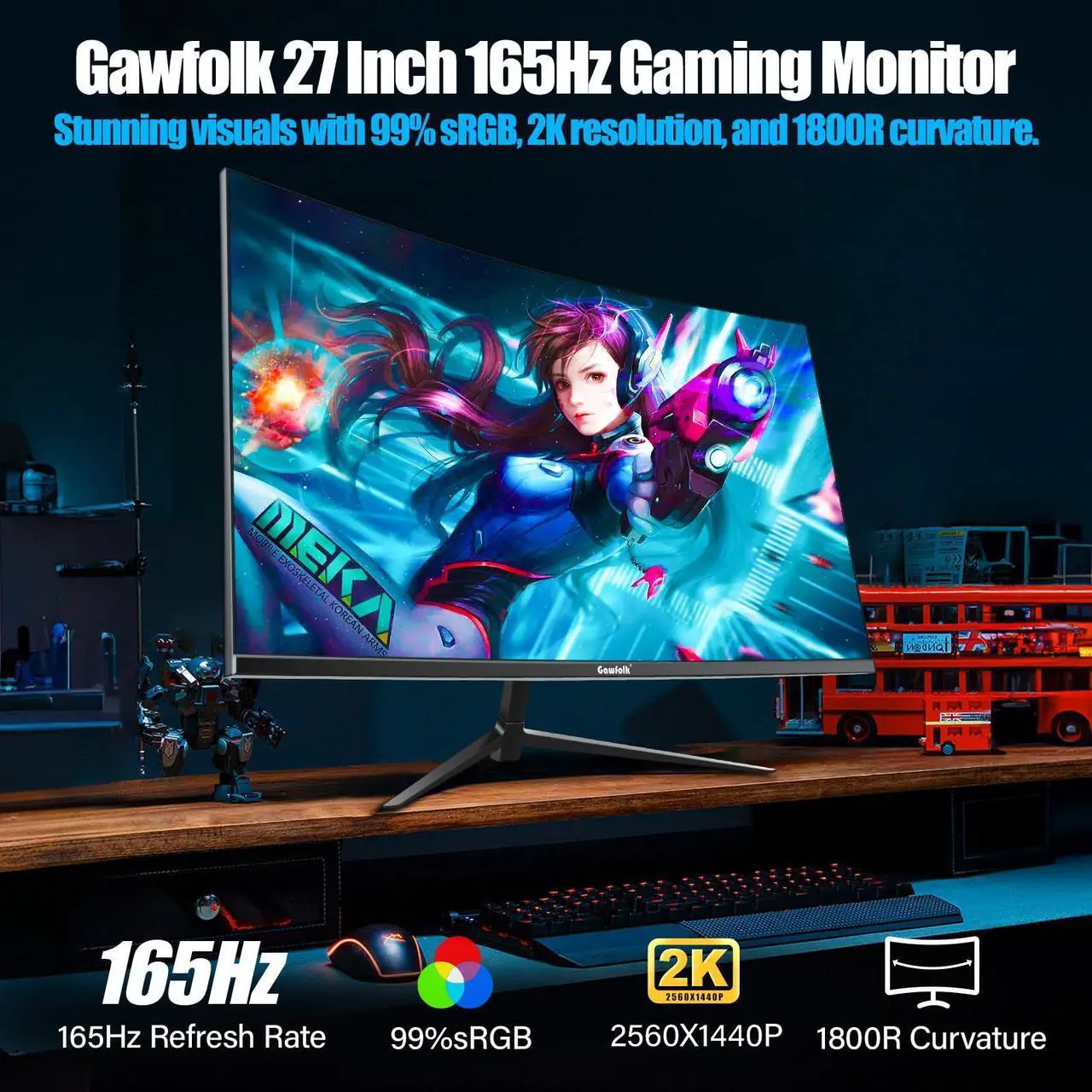 Alt view image 2 of 5 - Gawfolk 2K 165Hz Curved Monitor, 27 Inch QHD 2560x1440p 144Hz Gaming Monitor with AMD FreeSync, Flicker-Free, 2X HDMI 2.0, DP 1.4, Ultra-Thin Frameless 1800R Screen PC Monitor