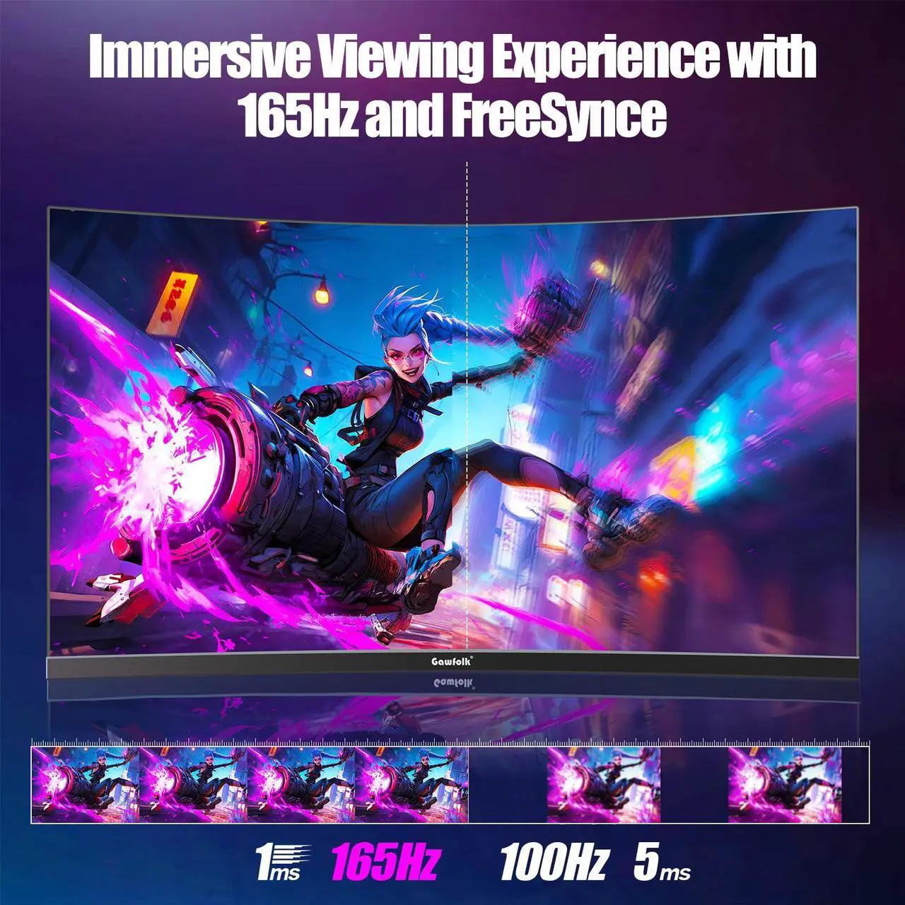Alt view image 5 of 5 - Gawfolk 2K 165Hz Curved Monitor, 27 Inch QHD 2560x1440p 144Hz Gaming Monitor with AMD FreeSync, Flicker-Free, 2X HDMI 2.0, DP 1.4, Ultra-Thin Frameless 1800R Screen PC Monitor