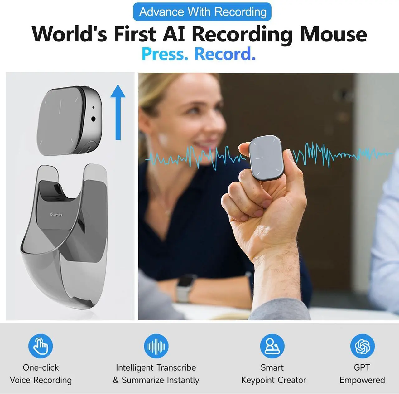 Alt view image 4 of 5 - Clozpleax 2025 AI Wireless Mouse for PC & Laptop - ChatGPT Enabled Bluetooth 5.0 Rechargeable Mouse with Voice Recording, AI Summarize, Ergonomic Air Mouse, Laser Pointer Presenter Remote, Silver