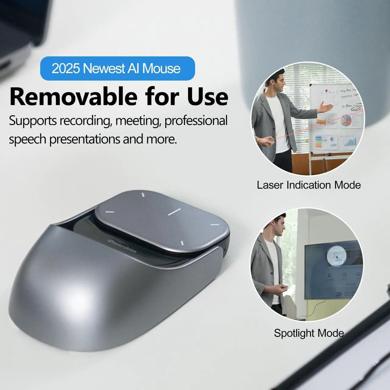 Alt view image 5 of 5 - Clozpleax 2025 AI Wireless Mouse for PC & Laptop - ChatGPT Enabled Bluetooth 5.0 Rechargeable Mouse with Voice Recording, AI Summarize, Ergonomic Air Mouse, Laser Pointer Presenter Remote, Silver