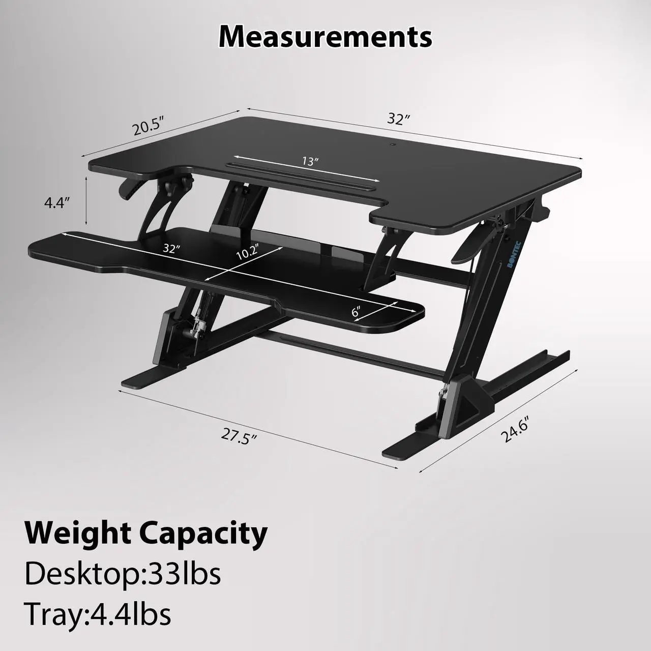 Alt view image 2 of 5 - BONTEC Standing Desk Converter, Height Adjustable Dual Tiered Computer Workstation, Capacity of Supporting 15kg,Table Length 32in
