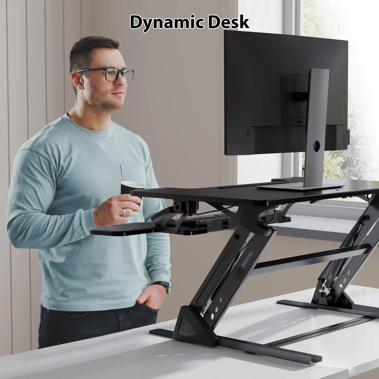 Alt view image 3 of 5 - BONTEC Standing Desk Converter, Height Adjustable Dual Tiered Computer Workstation, Capacity of Supporting 15kg,Table Length 32in