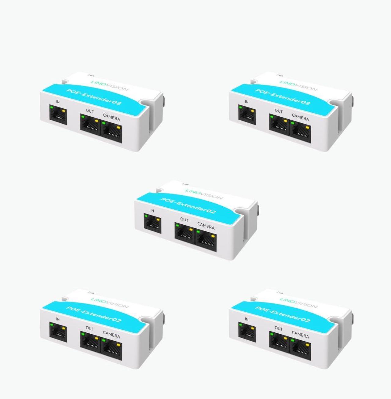 Main image of LINOVISION Mini 2 Port POE Extender IEEE 802.3af/at - Power Over Ethernet Repeater Up to 1000ft, Cat5/6 Cable, Splitter for 2 POE Devices Like IP Cameras, IP Phone (5 Pack)