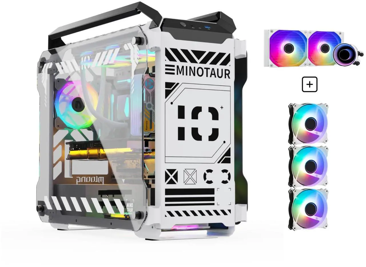 Main image of MegaPC Mino Open-Frame ATX Gaming Case - Industrial Design, Tempered Glass Panels, High Airflow, ARGB Lighting, USB-C Port (Black/White/Print Stream, with Fans + Watercooler)