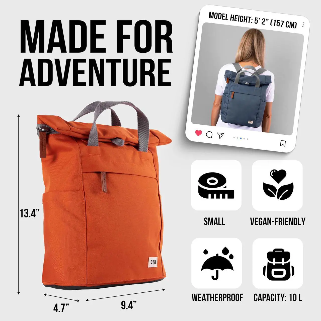 Alt view image 2 of 5 - ORI LONDON Rolltop Backpack - Small Travel Backpack with Lots of Pockets for Men & Women - The Finchley, Atomic Orange