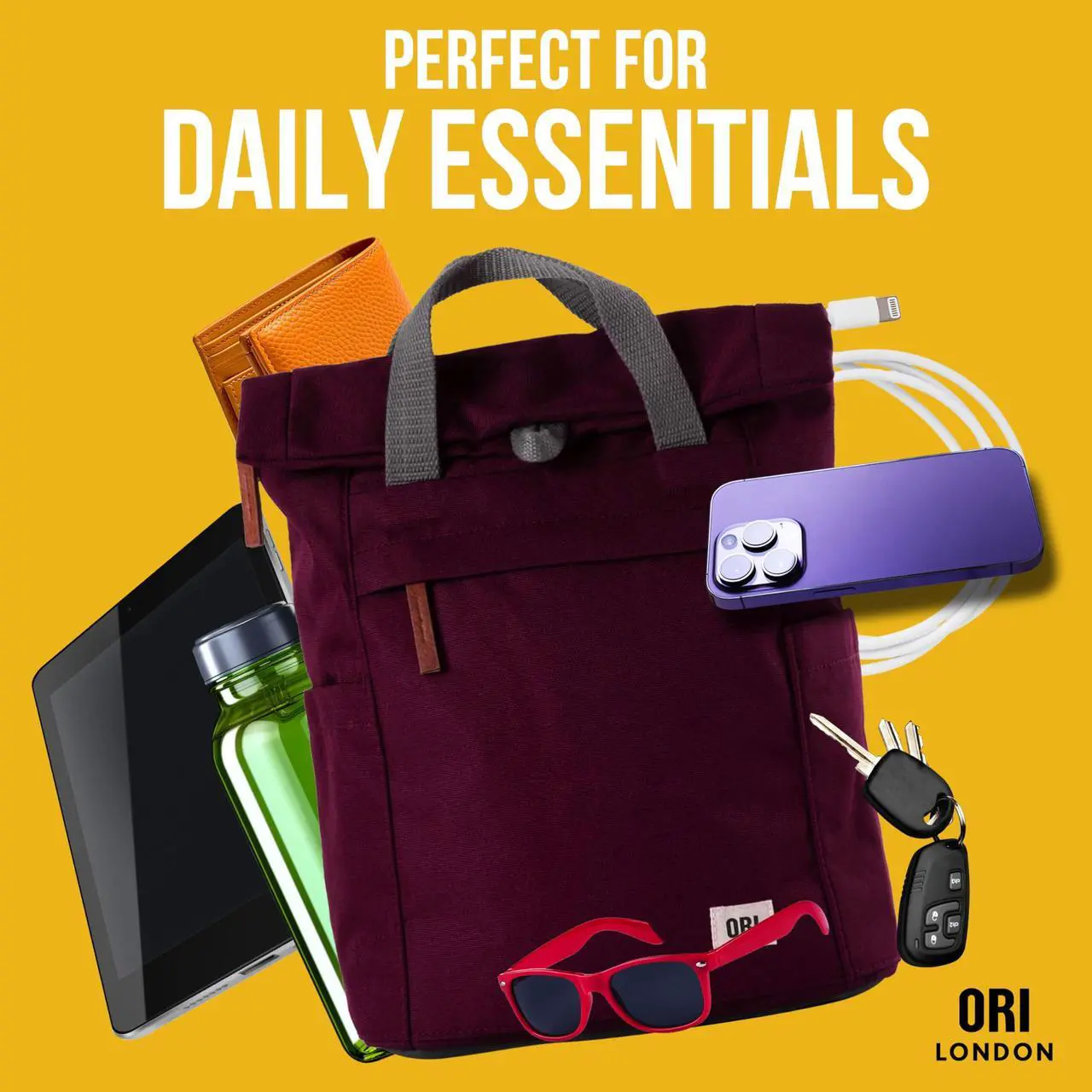 Alt view image 5 of 5 - ORI LONDON Rolltop Backpack - Small Travel Backpack with Lots of Pockets for Men & Women - The Finchley, Atomic Orange