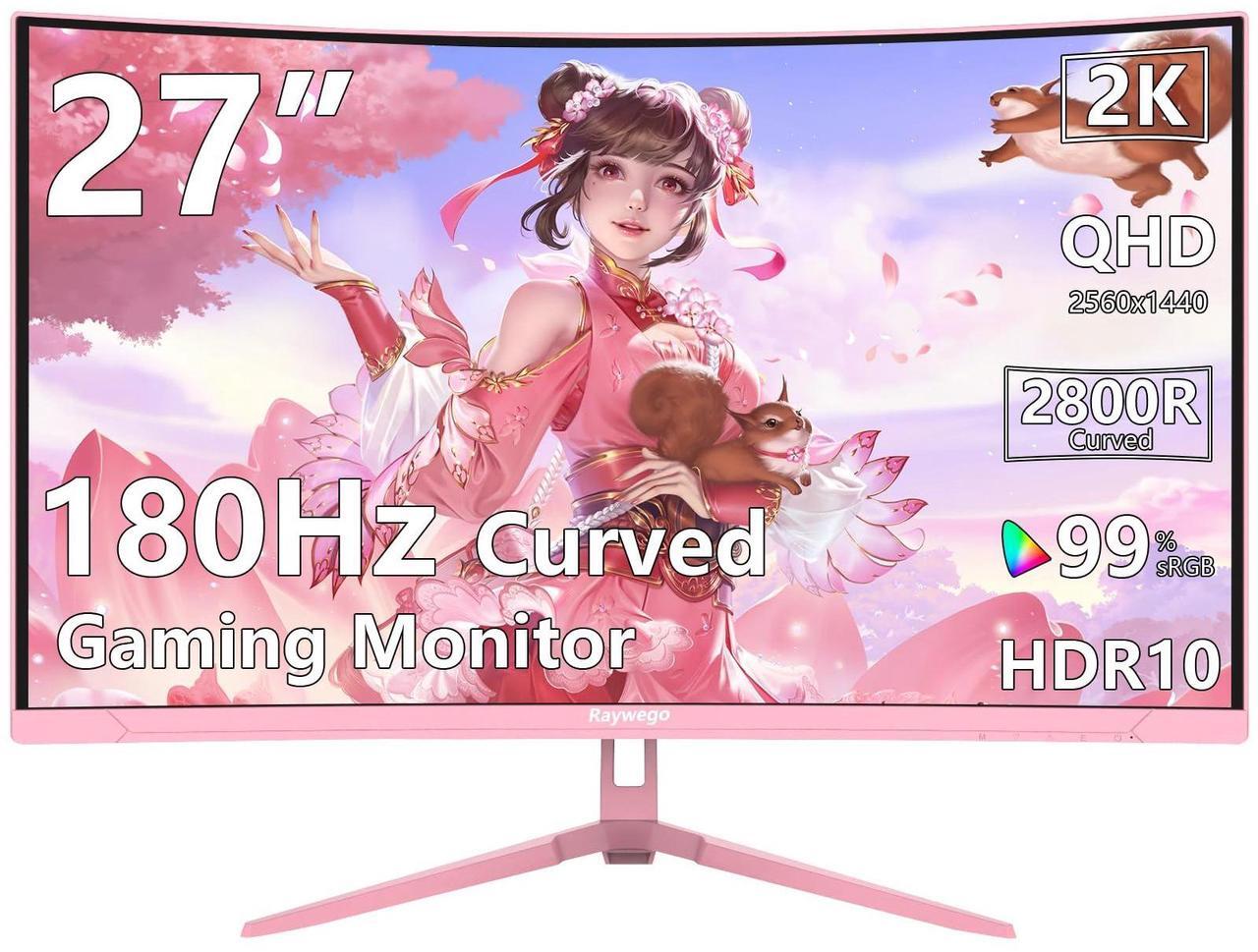 Main image of Raywego Pink 27 inch Curved Gaming Monitor 180Hz,QHD 1080P,1800R LED Display,Pink Computer Monitor,1ms (MPRT),FreeSync,Eye-Care Technology, DP, HDMI Port for Gaming Home Office,VESA(100mm*100mm)