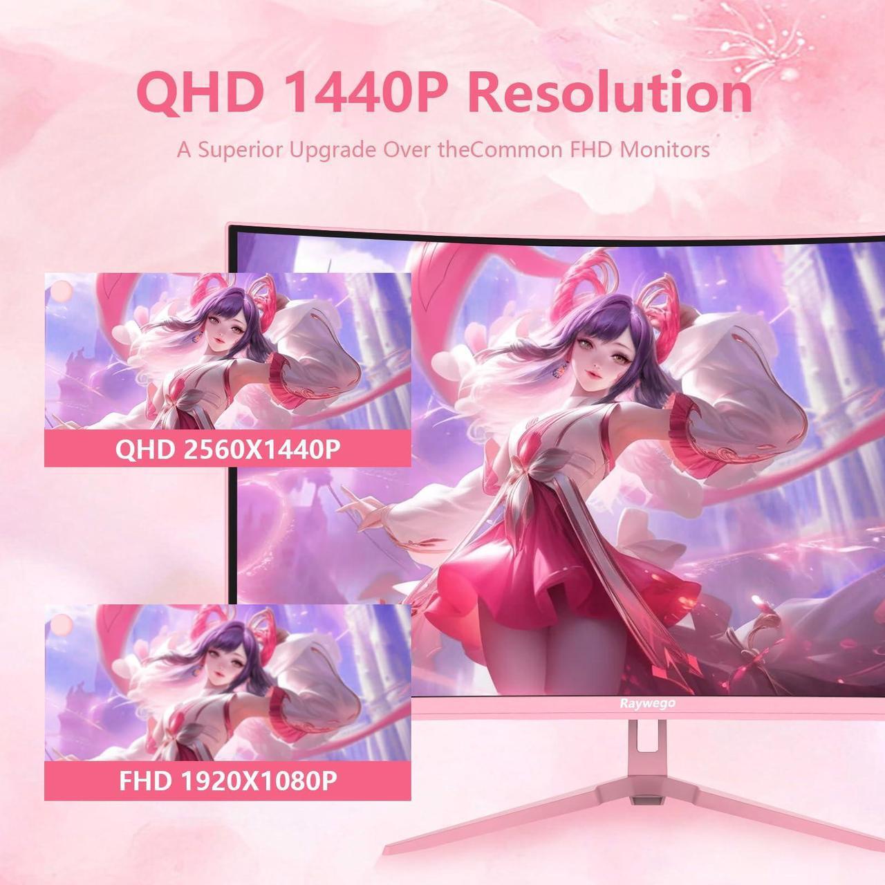 Alt view image 2 of 5 - Raywego Pink 27 inch Curved Gaming Monitor 180Hz,QHD 1080P,1800R LED Display,Pink Computer Monitor,1ms (MPRT),FreeSync,Eye-Care Technology, DP, HDMI Port for Gaming Home Office,VESA(100mm*100mm)