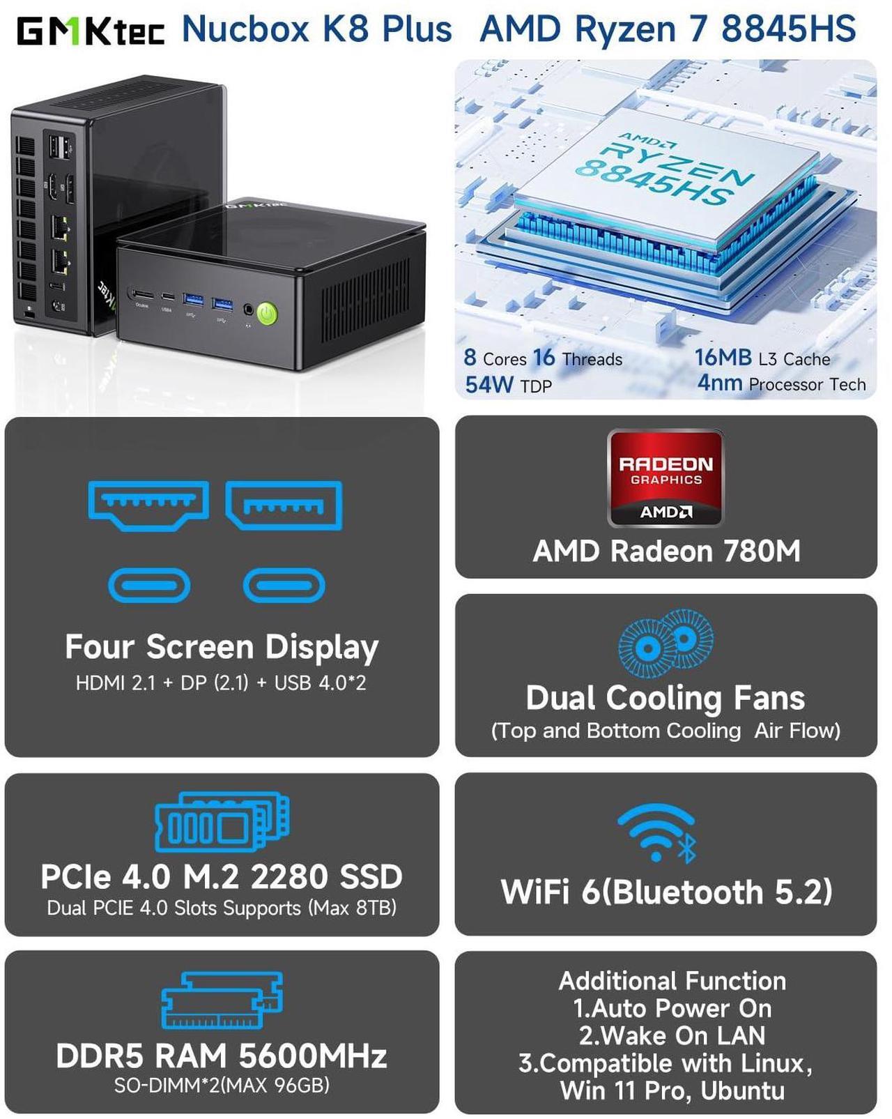 Alt view image 2 of 5 - GMKtec Gaming Mini PC K8 Plus AMD Ryzen 7 8845HS(8C/16T, up to 5.1GHz) 32GB DDR5 RAM 1TB SSD, Desktop Computer Dual NIC 2.5G, HDMI 2.1, USB4