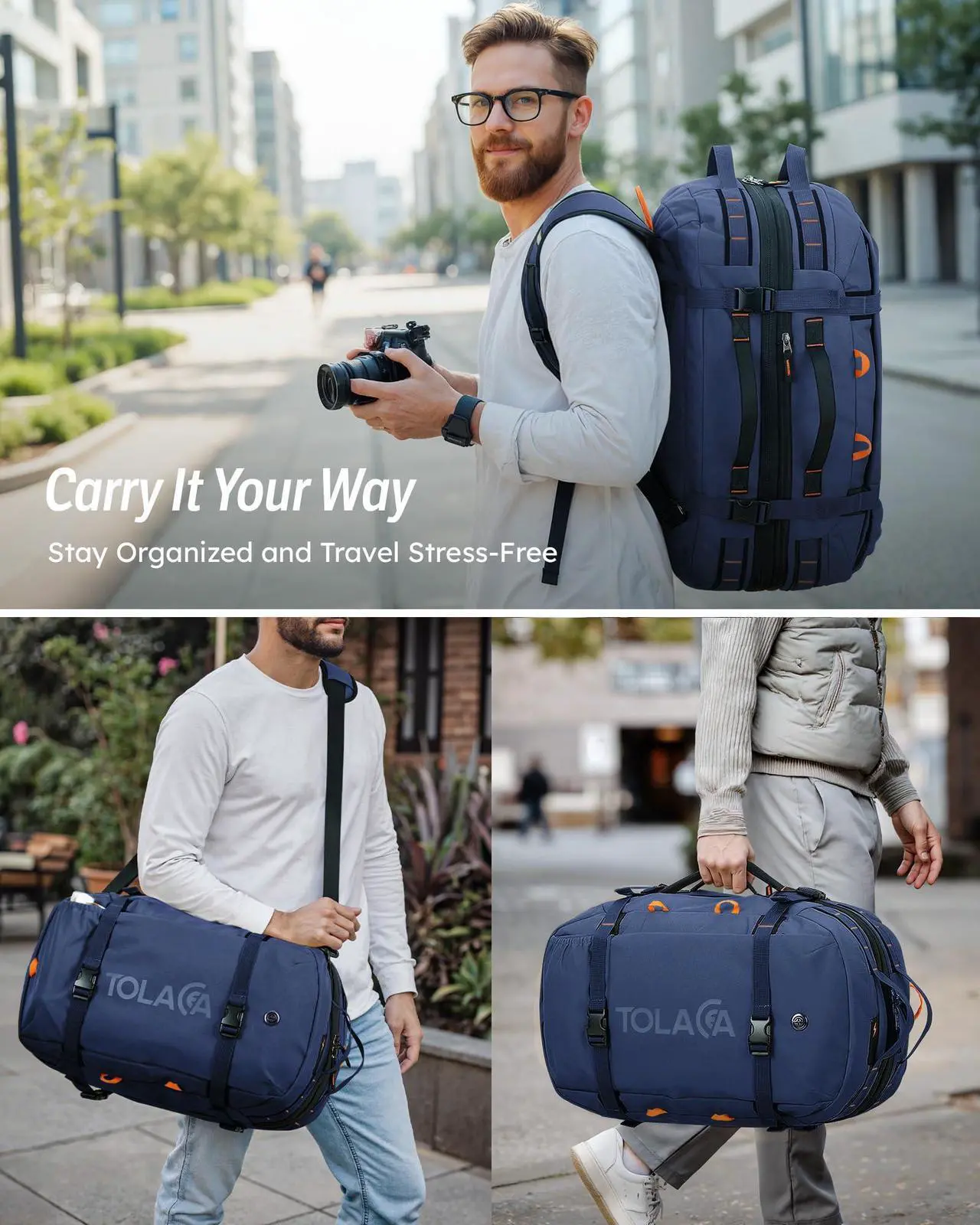 Alt view image 2 of 5 - Tolaccea Travel Laptop Backpack, Large Carry on Backpack Flight Approved Convertible Duffle Luggage Bag Daypack Work Business Rucksack Fits 16" Laptop for Men Women 3 Carrying Ways, 40L-55L Expandable