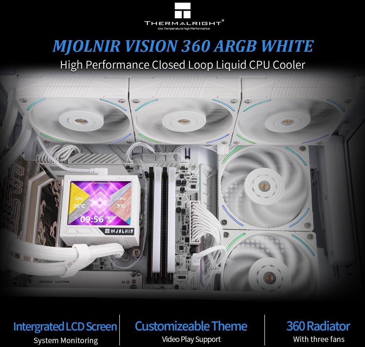 Alt view image 3 of 5 - Thermalright Mjolnir Vision 360 ARGB White CPU Water Cooler,3 PWM Fans Water Cooling System with 2000PRM,for AM4/AM5&Intel LGA1851/1700, Magnetic Detachable LCD Screen with 320 * 240 Resolution