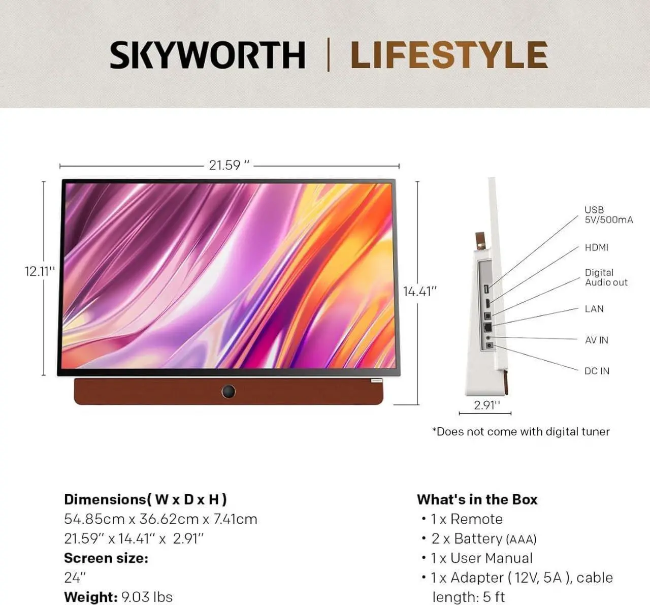 Alt view image 5 of 5 - Skyworth 24-Inch Portable Smart 3-Hour Battery Life 24P100 Companion Series 1080P FHD Smart Google TV, Matte Screen, HDR10, Dolby Audio, LED, Bluetooth, Chromecast and Google Assistant