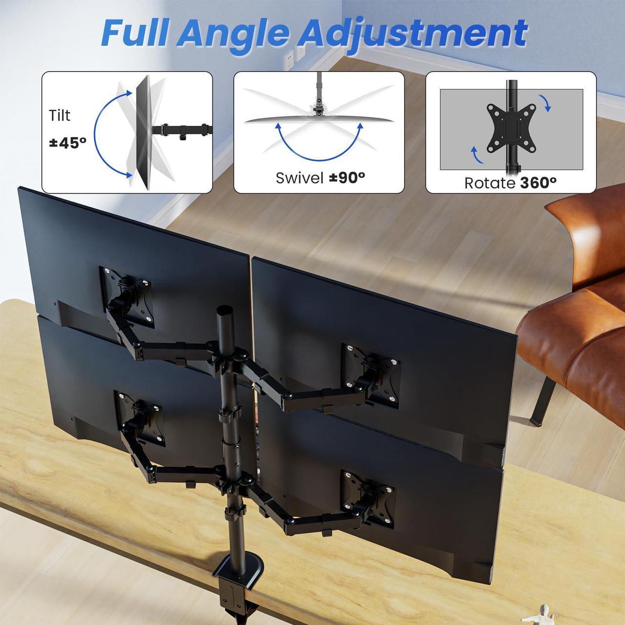 Alt view image 3 of 5 - Quad Monitor Stand, 4 Monitor Mount for 17 to 32 inch Computer Screens, Fully Adjustable Stacked 4 Monitor Desk Mount, VESA Mount, Hold up to 19.8lbs per Arm, C clamp/Grommet Base