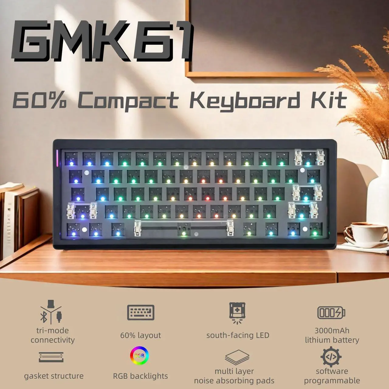 Alt view image 2 of 5 - Cmokifuly GMK61 60% Mechanical Keyboard Kit Tri-Mode South-Facing RGB LED Gaming Keyboard for 3/5pin Switches,61 Keys Hotswap Socket PCB Gasket Mounted Plate DIY Keyboard Kit (Black)