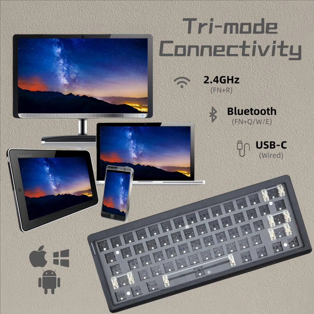 Alt view image 3 of 5 - Cmokifuly GMK61 60% Mechanical Keyboard Kit Tri-Mode South-Facing RGB LED Gaming Keyboard for 3/5pin Switches,61 Keys Hotswap Socket PCB Gasket Mounted Plate DIY Keyboard Kit (Black)