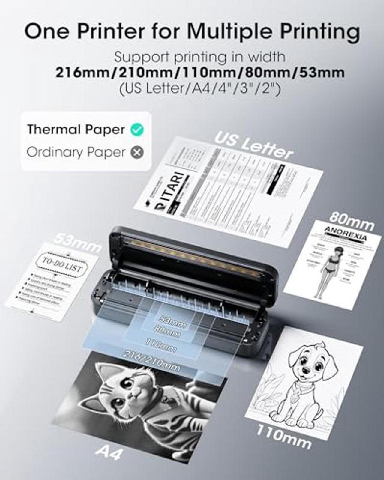 Alt view image 3 of 5 - Itari M832 Portable Printer for Travel with Case and 4 Rolls Paper, Inkless Thermal Printer, Support 8.5" x 11" A4 & US Letter, Wireless Compatible with iPhone, Android, Laptop, Black