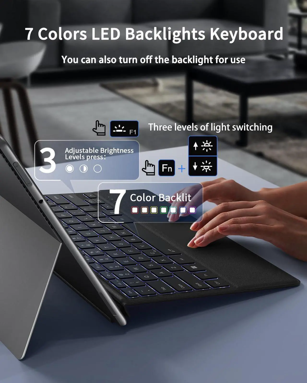 Alt view image 4 of 5 - Surface Pro Keyboard, Wireless Type Cover for Microsoft Surface Pro 11/10/9/8/X, Ultra-Slim Portable Magnetic Bluetooth Keyboard with 7 Color Backlit, Pen Holder, Rechargeable Battery, Trackpad