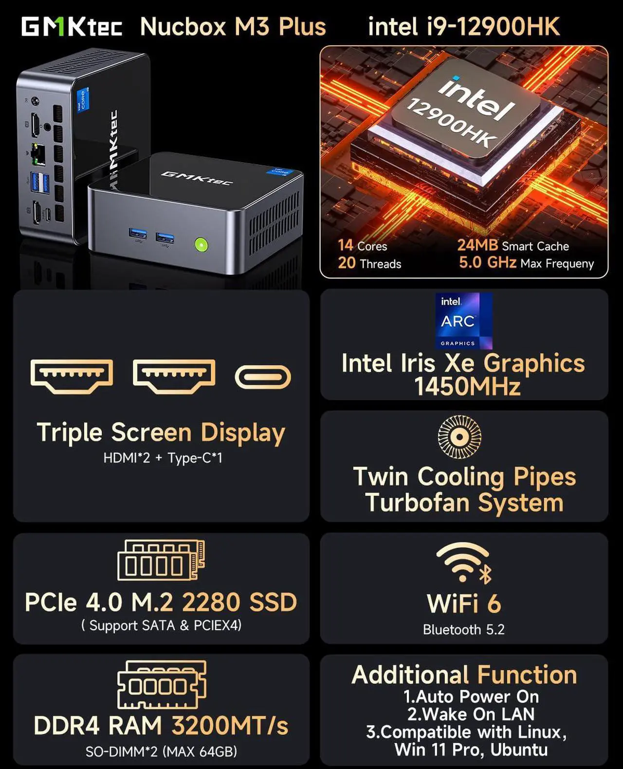 Alt view image 2 of 5 - GMKtec M3 Plus Mini PC with Intel Core i9 12900HK(14C/20T 5.0 GHz), 32GB DDR4 RAM+2TB NVMe SSD, Mini Desktop Computer Triple 4K Display, WiFi 6, BT5.2, USB-C
