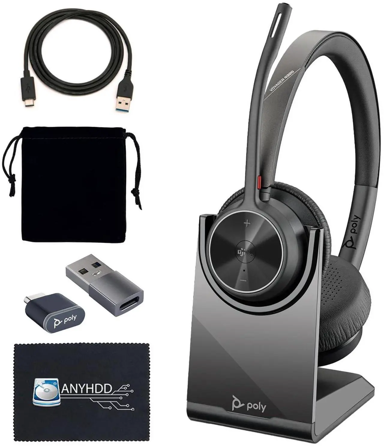 Main image of Poly Voyager 4320 UC Wireless Headset & Charge Stand - Stereo Headphones with Noise-Canceling Boom Mic + Charging Station + USB-C to A Adapter + USB C Dongle + USB A-C Cable + Pouch + Microfiber Cloth