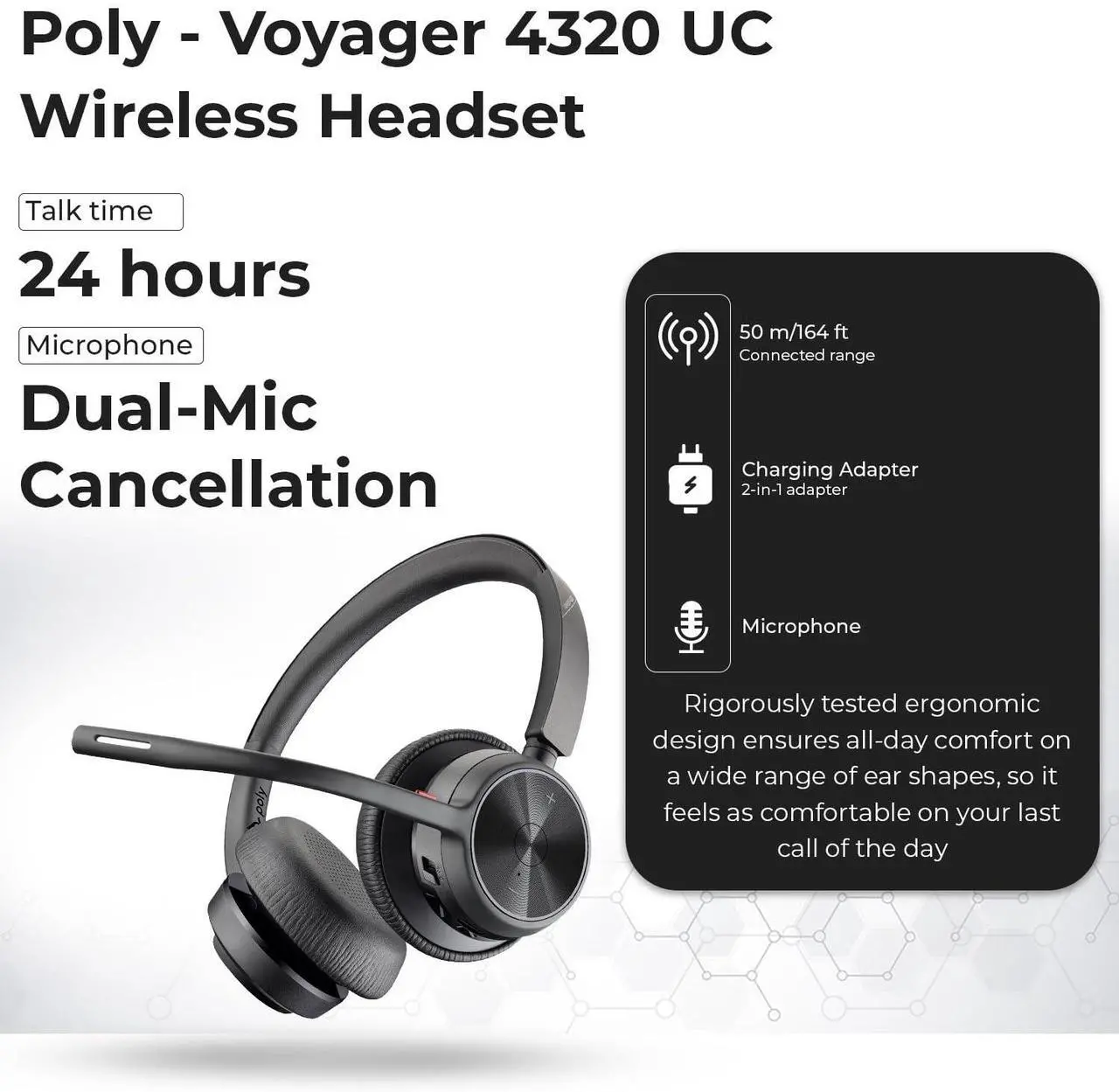 Alt view image 3 of 5 - Poly Voyager 4320 UC Wireless Headset & Charge Stand - Stereo Headphones with Noise-Canceling Boom Mic + Charging Station + USB-C to A Adapter + USB C Dongle + USB A-C Cable + Pouch + Microfiber Cloth