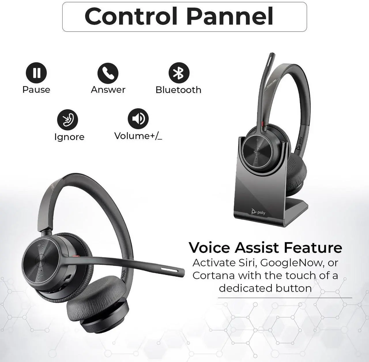 Alt view image 4 of 5 - Poly Voyager 4320 UC Wireless Headset & Charge Stand - Stereo Headphones with Noise-Canceling Boom Mic + Charging Station + USB-C to A Adapter + USB C Dongle + USB A-C Cable + Pouch + Microfiber Cloth