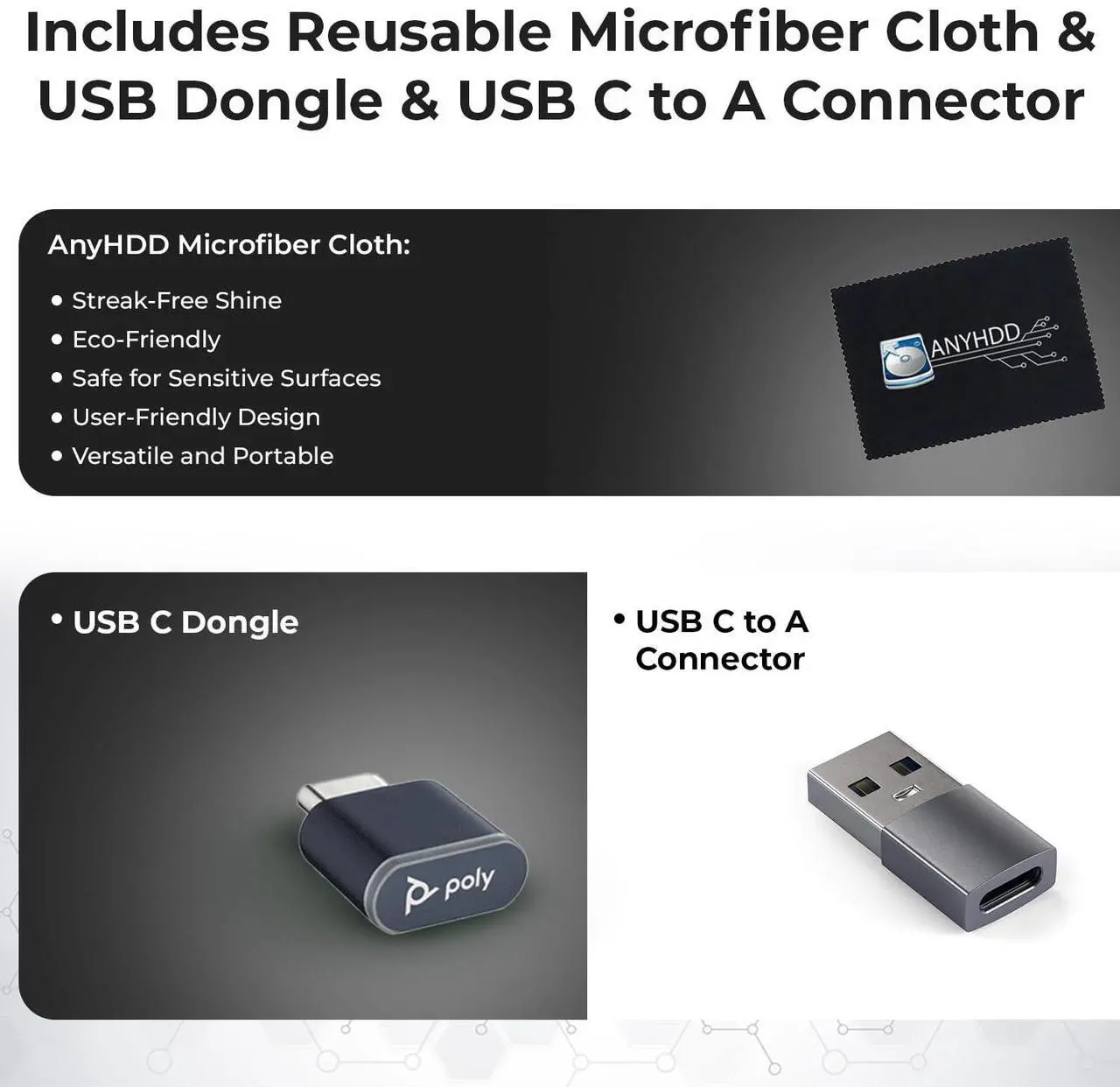 Alt view image 5 of 5 - Poly Voyager 4320 UC Wireless Headset & Charge Stand - Stereo Headphones with Noise-Canceling Boom Mic + Charging Station + USB-C to A Adapter + USB C Dongle + USB A-C Cable + Pouch + Microfiber Cloth