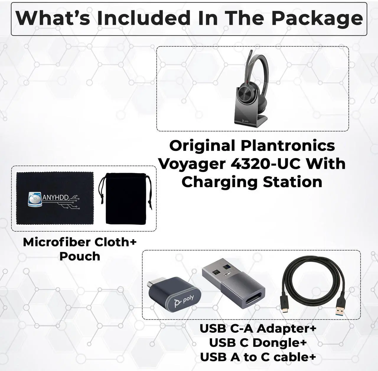 Alt view image 2 of 5 - Poly Voyager 4320 UC Wireless Headset & Charge Stand - Stereo Headphones with Noise-Canceling Boom Mic + Charging Station + USB-C to A Adapter + USB C Dongle + USB A-C Cable + Pouch + Microfiber Cloth