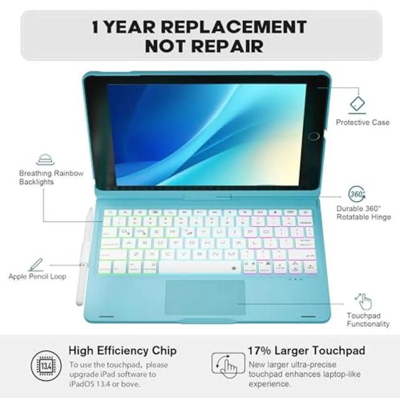 Alt view image 2 of 5 - BABG Keyboard Case for iPad 9th Generation, 360deg Rotatable Backlit Keyboard with Pencil Holder for 10.2 inch iPad 9th Gen 2021/ 8th Gen 2020/ 7th Gen 2019 and iPad Air 3 / Pro 10.5" (Sky Blue)