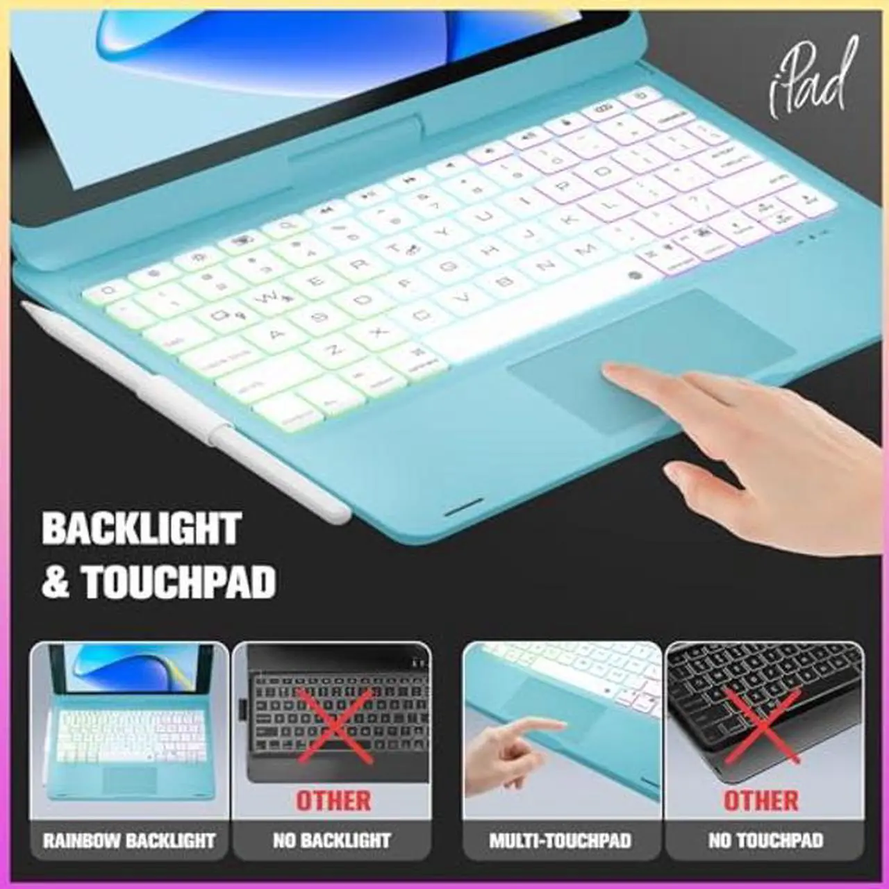 Alt view image 4 of 5 - BABG Keyboard Case for iPad 9th Generation, 360deg Rotatable Backlit Keyboard with Pencil Holder for 10.2 inch iPad 9th Gen 2021/ 8th Gen 2020/ 7th Gen 2019 and iPad Air 3 / Pro 10.5" (Sky Blue)