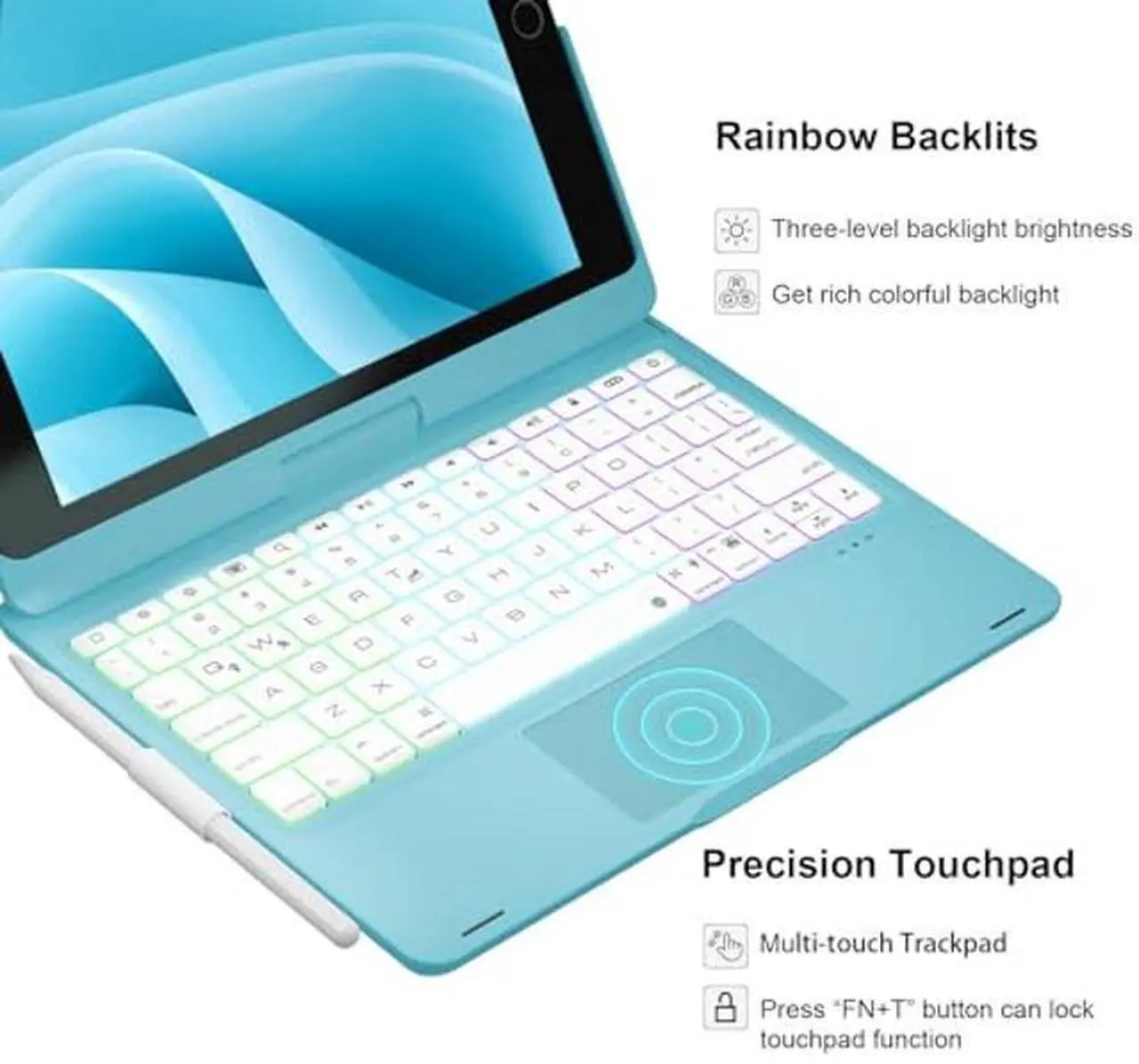 Alt view image 5 of 5 - BABG Keyboard Case for iPad 9th Generation, 360deg Rotatable Backlit Keyboard with Pencil Holder for 10.2 inch iPad 9th Gen 2021/ 8th Gen 2020/ 7th Gen 2019 and iPad Air 3 / Pro 10.5" (Sky Blue)