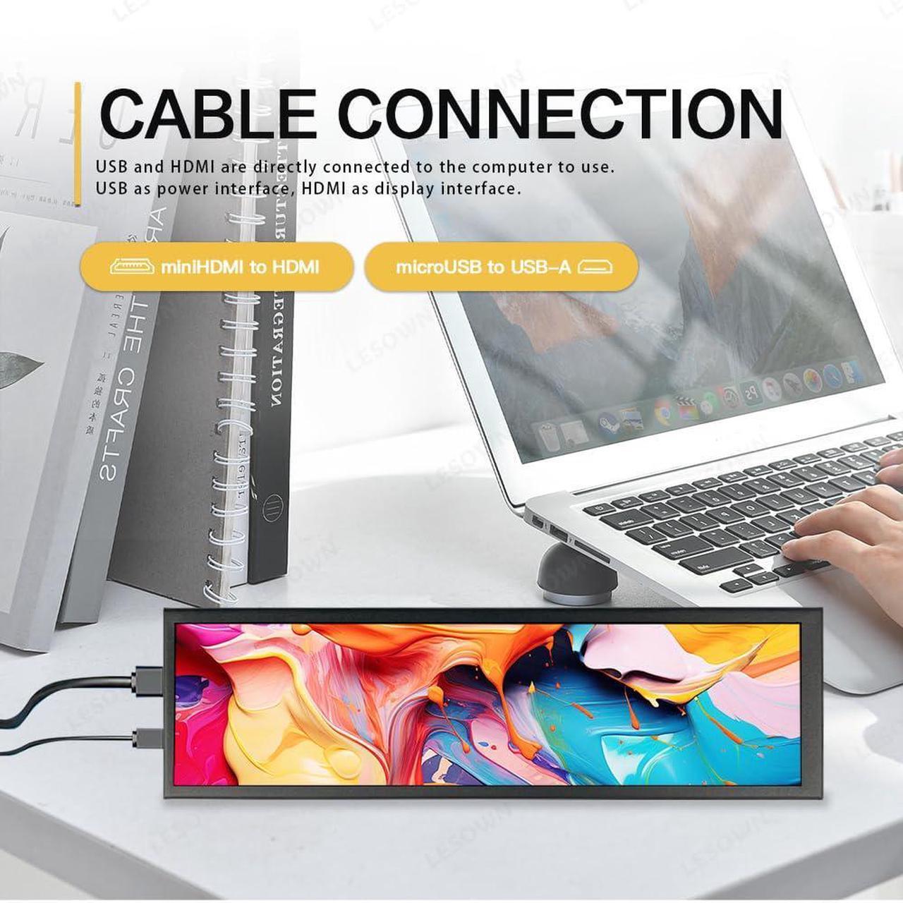 Alt view image 5 of 5 - LESOWN 8.8 inch Monitor PC Case Temperature Display Mini Ultra Wide Monitor Stretched Bar Display AIDA64 PC Sensor Panel 1920x480 Small Temp Monitor for RPi CPU Monitoring