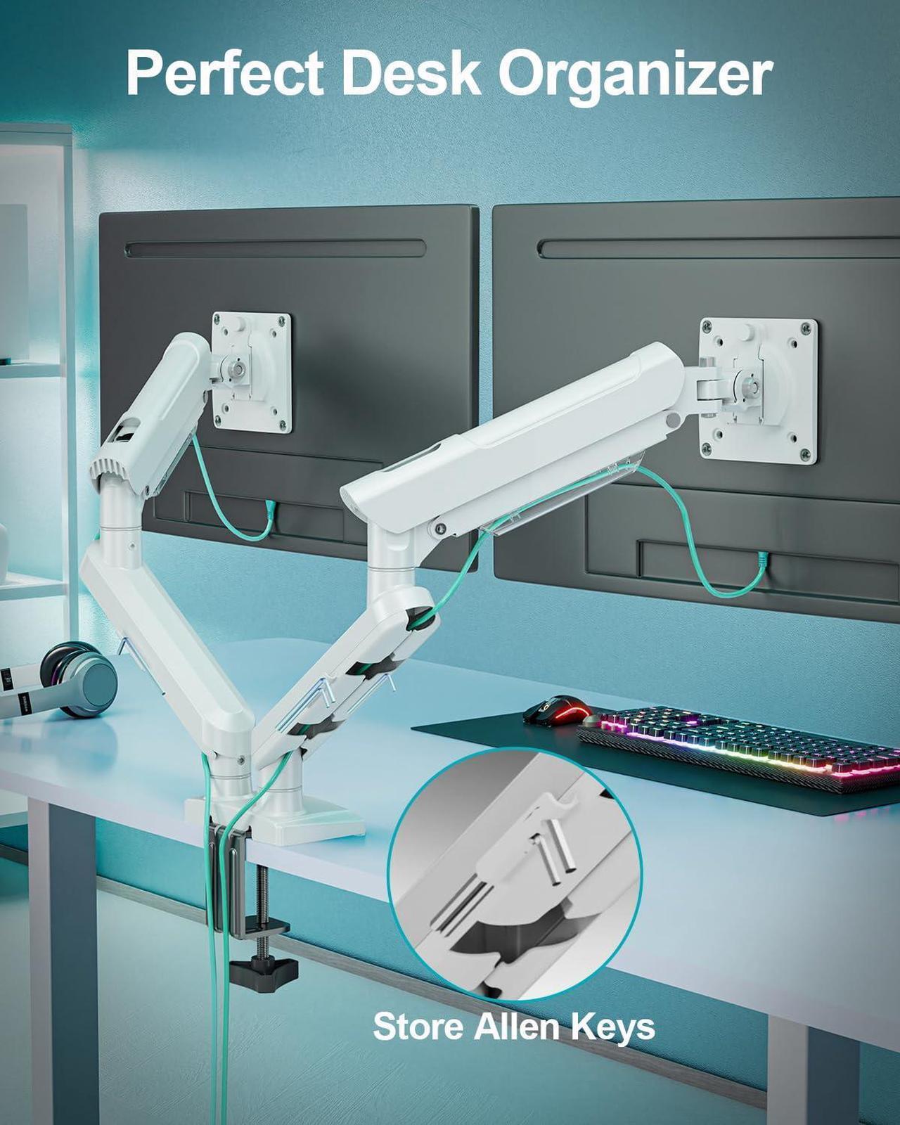 Alt view image 3 of 5 - Dual Monitor Mount for 2 Monitors up to 32 inches, Height Adjustable Gas Spring Double Monitor Stand, Two Monitor Desk Mount Holder, Each Monitor Arm Holds Max 22lbs, VESA Mount, White, Freelift Pro