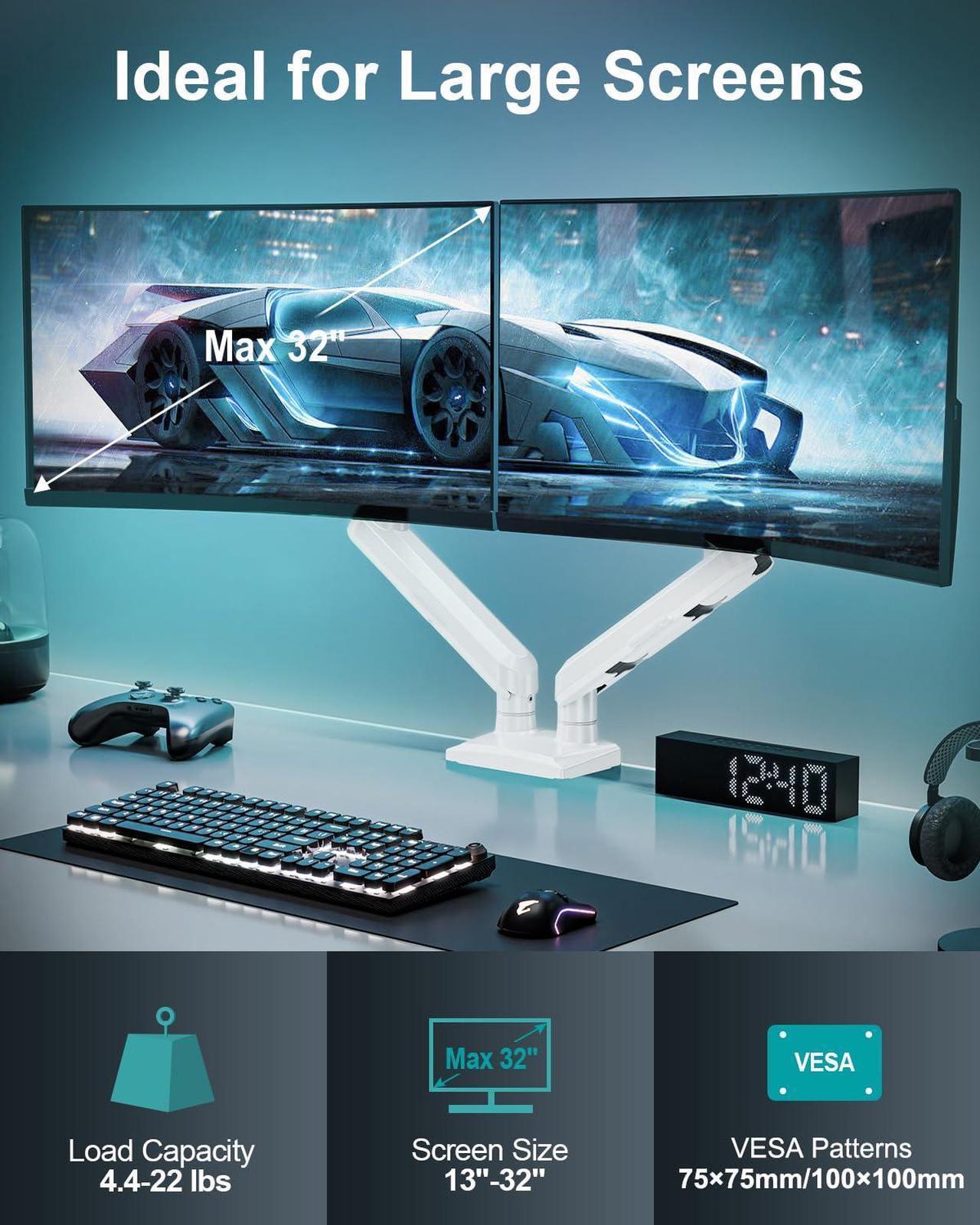 Alt view image 2 of 5 - Dual Monitor Mount for 2 Monitors up to 32 inches, Height Adjustable Gas Spring Double Monitor Stand, Two Monitor Desk Mount Holder, Each Monitor Arm Holds Max 22lbs, VESA Mount, White, Freelift Pro