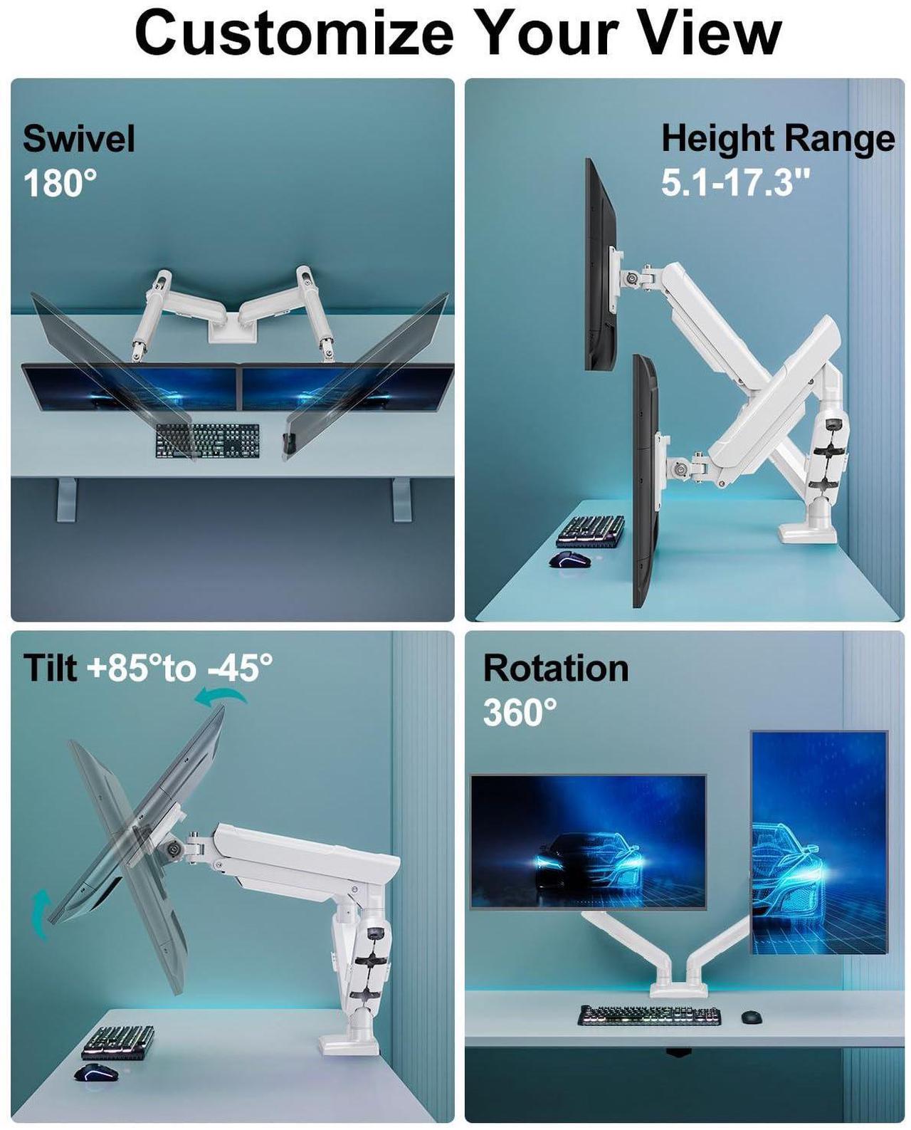 Alt view image 5 of 5 - Dual Monitor Mount for 2 Monitors up to 32 inches, Height Adjustable Gas Spring Double Monitor Stand, Two Monitor Desk Mount Holder, Each Monitor Arm Holds Max 22lbs, VESA Mount, White, Freelift Pro