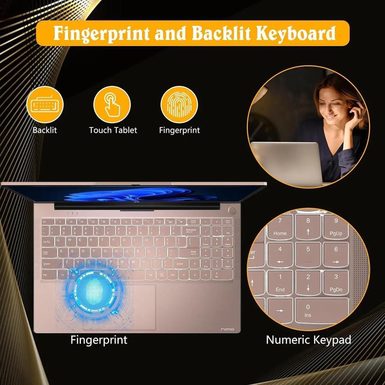 Alt view image 3 of 5 - NIMO 15.6 FHD Student Laptop, 16GB RAM, 1TB SSD, Intel Pentium Quad-Core N100(Beat to i3-1115G4, Up to 3.4GHz), Type-C 65W, Backlit Keyboard, Fingerprint, WiFi 6, Rose Gold