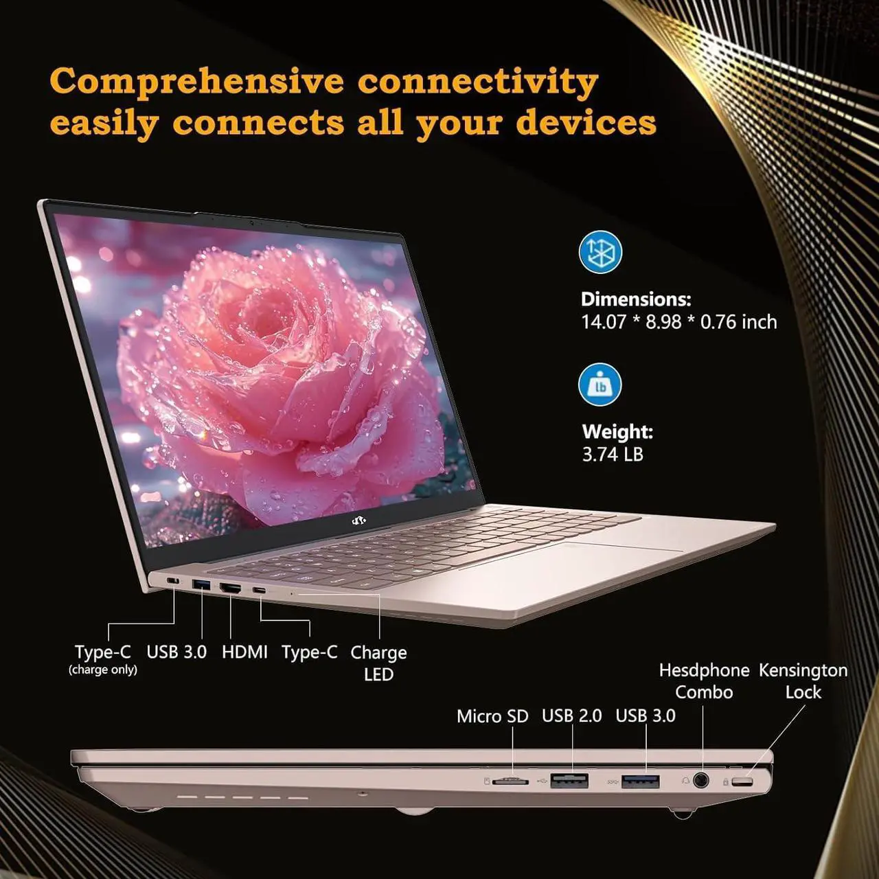 Alt view image 5 of 5 - NIMO 15.6 FHD Student Laptop, 16GB RAM, 1TB SSD, Intel Pentium Quad-Core N100(Beat to i3-1115G4, Up to 3.4GHz), Type-C 65W, Backlit Keyboard, Fingerprint, WiFi 6, Rose Gold
