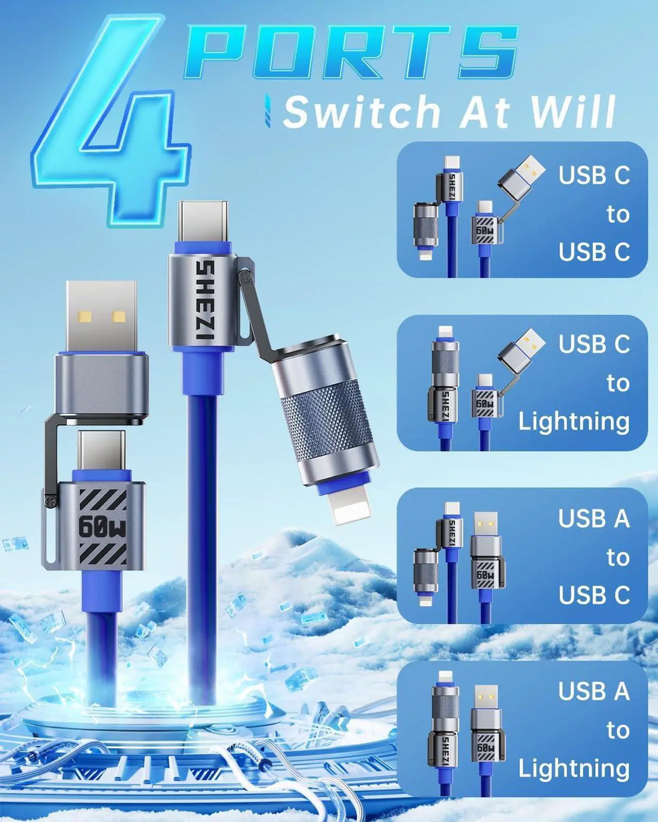 Alt view image 2 of 5 - Vexipia 3 Pack 4-in-1 5FT 60W USB C Cable Lightning Cable (Yellow+Green +Blue)