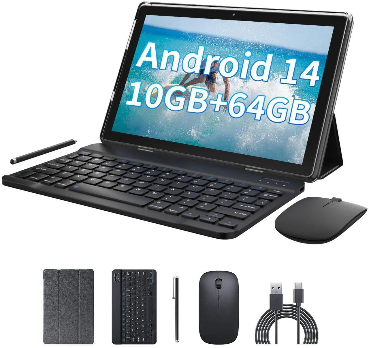Main image of 2 in 1 10GB+64GB Tablet 10.1 inch Android 14 Tablet Set Tablets with Keyboard Case wireless Mouse Stylus Screen Flim 10.1 IN 1280*800 HD Touch Screen 8MP Dual Camera Games Tab Wi-Fi BT Tableta PC